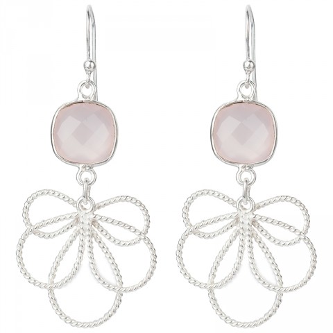 Silver Rose Chalcedony Leafy Drop Earrings