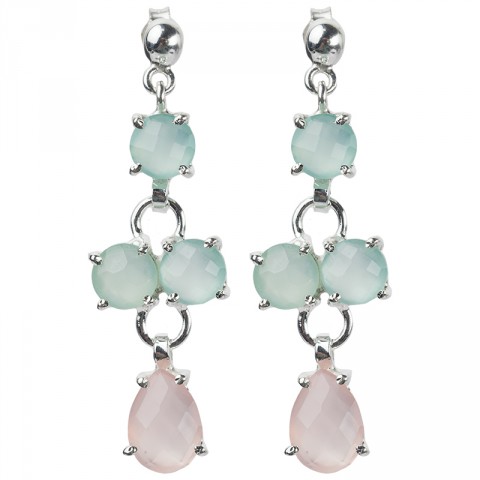 Silver Aqua Rose Chalcedony 4 Stone Drop Earrings