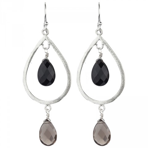 Silver Black Onyx & Smokey Quartz Tiered Drop Earrings