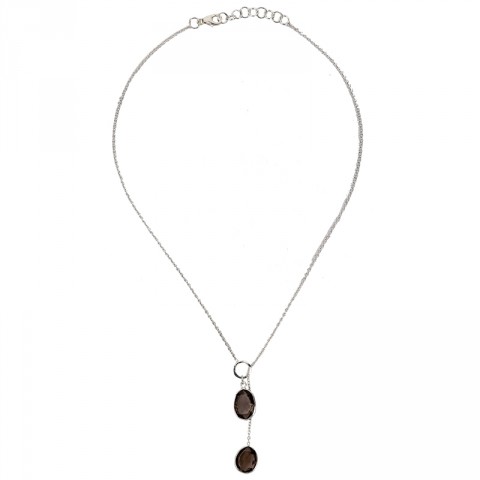 Silver Smokey Quartz Y-Chain Pendant Necklace 